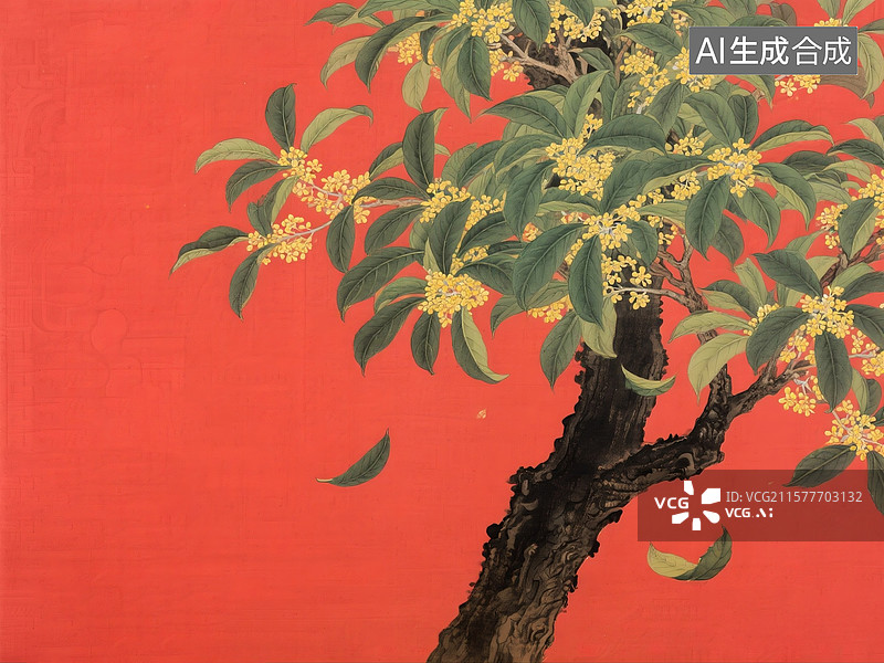 【AI数字艺术】纯红色背景的新中式桂花树画面图片素材