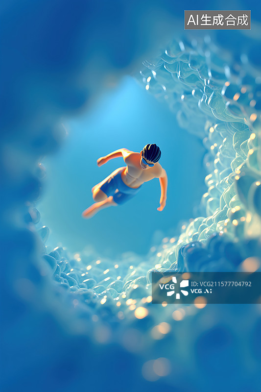 【AI数字艺术】夏季清澈透明水中游泳的男孩3D卡通立体插画图片素材