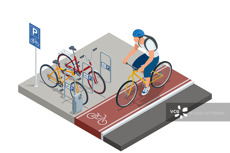 等距图：一个人在自行车道上骑自行车图片素材