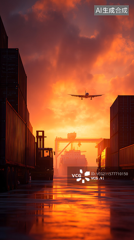 【AI数字艺术】港口日落的忙碌景图片素材