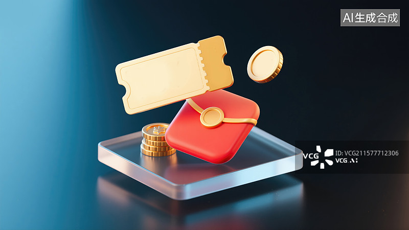 【AI数字艺术】创意抽象商业背景生活图标代金券红包礼盒爱心红色透明玻璃效果金融科技购物节双十一设计元素图片素材