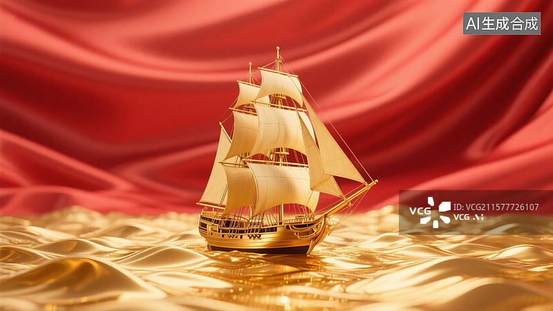 【AI数字艺术】金色古代帆船插画图片素材