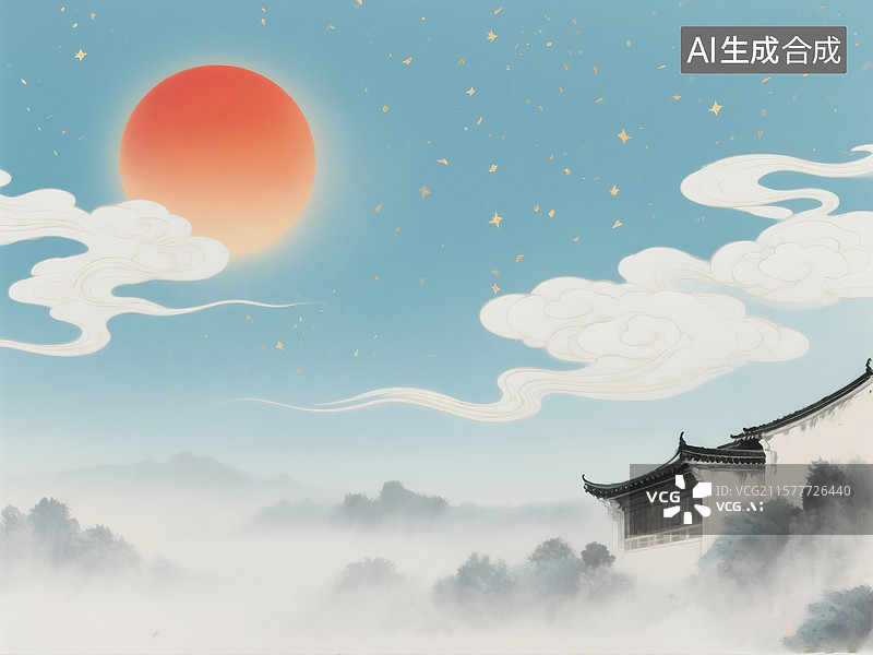 【AI数字艺术】淡蓝底色点缀金点的国风唯美太阳画面图片素材