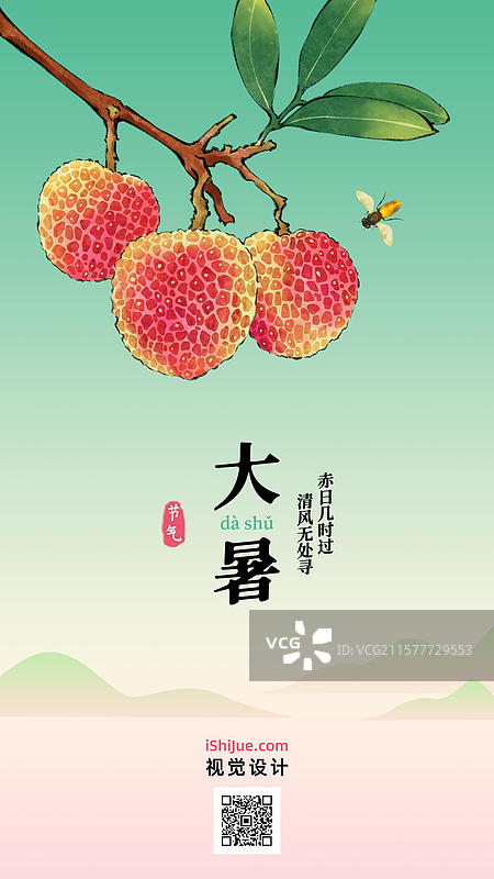 夏至立夏小暑大暑手绘荔枝插画节气海报模板。图片素材