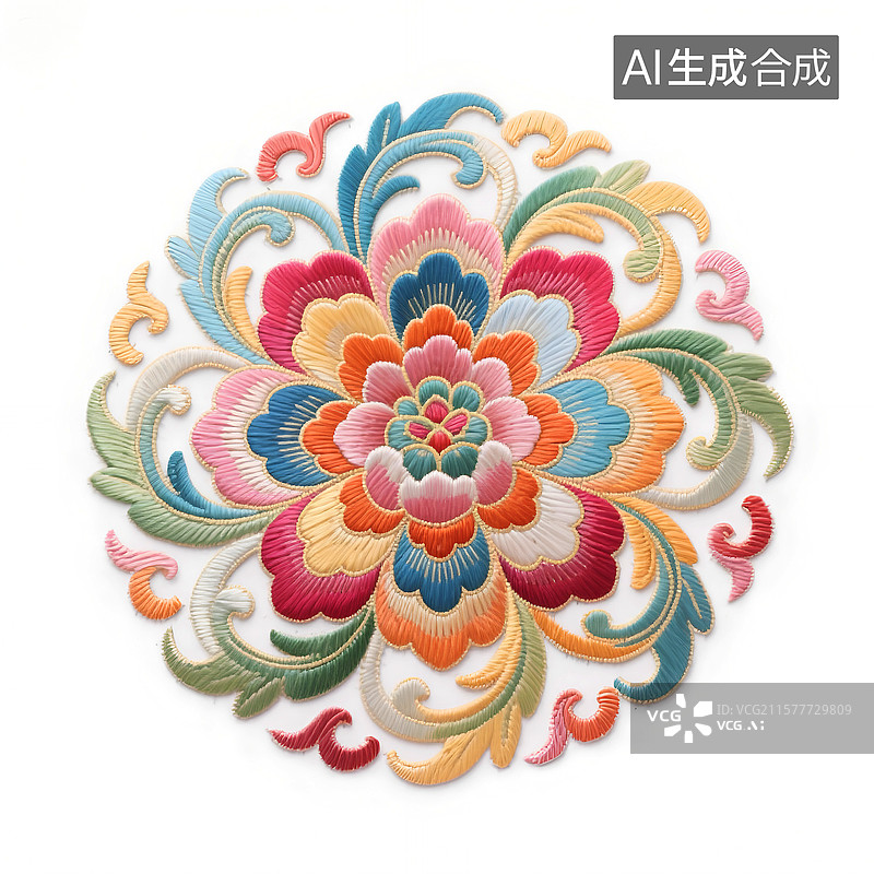 【AI数字艺术】多色的中式刺绣风格的圆形传统图案设计图片素材
