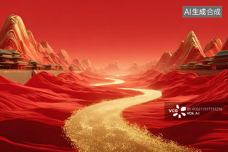 【AI数字艺术】金色的大地，金色的河流，河两边的古代建筑群图片素材