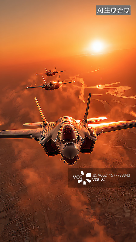 【AI数字艺术】朝霞，空中的现代战斗机群执行飞行任务图片素材