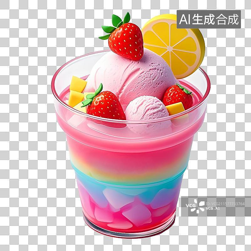 【AI数字艺术】夏日甜品美食草莓柠檬芒果三色冰淇淋水果雪糕在玻璃杯里， 三维图形图片素材