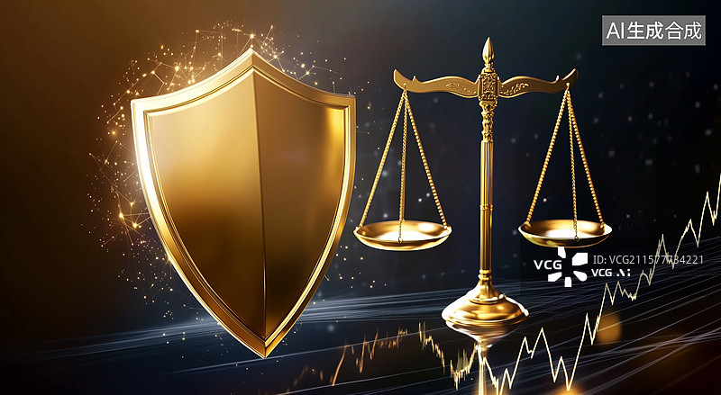 【AI数字艺术】金色盾牌与天平的象征图片素材