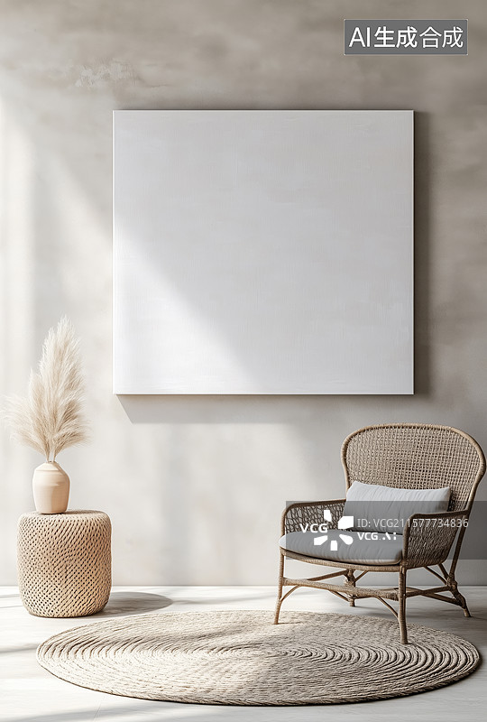 【AI数字艺术】简约室内设计，藤椅与空白画布图片素材