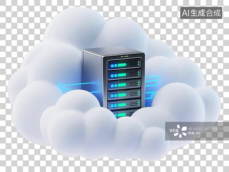 【AI数字艺术】被云计算云朵包围的闪光服务器，云计算计算机服务器中心图片素材