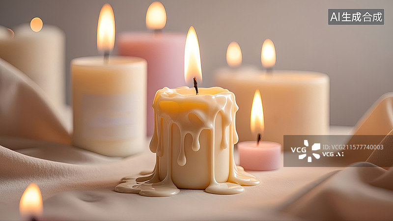 【AI数字艺术】燃烧蜡烛特写：跃动火焰与融化蜡油图片素材