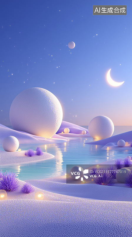 【AI数字艺术】梦幻星球景观河流穿行于岩石之间图片素材