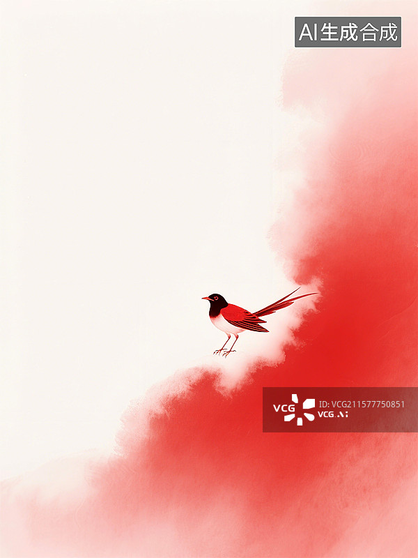 【AI数字艺术】一只红白相间的喜鹊站在红色云朵上，背景为柔和的红色渐变图片素材