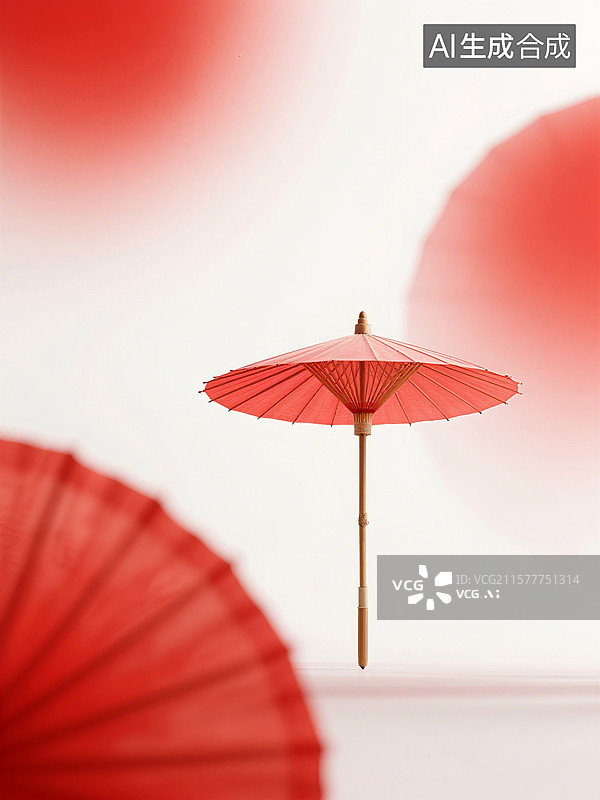 【AI数字艺术】红色油纸伞倾斜于白色背景上，背景有模糊的红色晕染图片素材