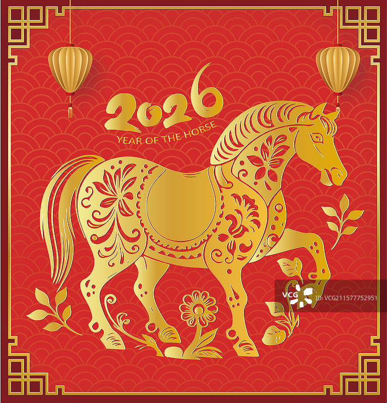 2026年马年 中国新年祝福贺卡年画矢量海报模版  金色边框里一匹金色的马和花朵 红色云纹背景 方形图片素材