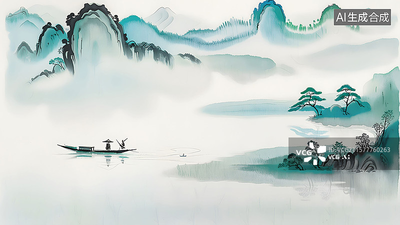 【AI数字艺术】古风山水画 水墨青色禅意风景画 江南水乡 中国画儿童读物绘本插画 横版图片素材