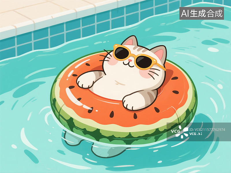 【AI数字艺术】假期主题插画，卡通动物，猫，小猫咪，在游泳池里躺在游泳圈上的小狗，柯基犬，背景图，壁纸图片素材