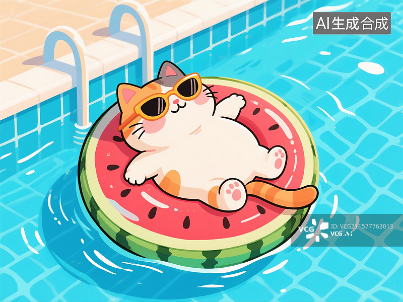 【AI数字艺术】假期主题插画，卡通动物，猫，小猫咪，在游泳池里躺在游泳圈上的小狗，柯基犬，背景图，壁纸图片素材