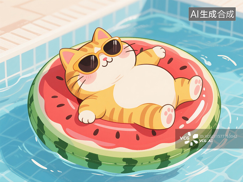【AI数字艺术】假期主题插画，卡通动物，猫，小猫咪，在游泳池里躺在游泳圈上的小狗，柯基犬，背景图，壁纸图片素材