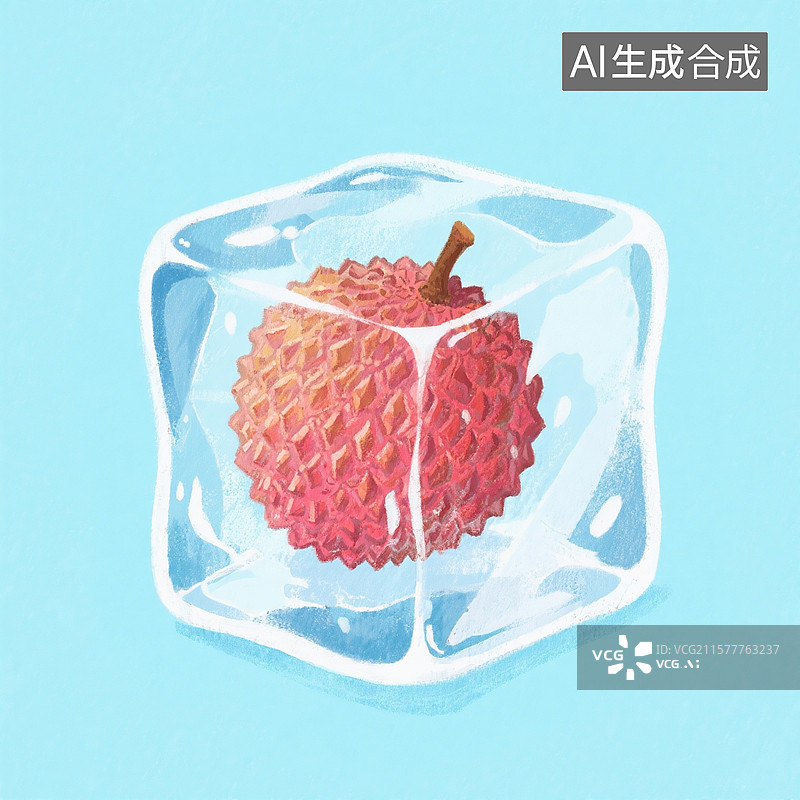 【AI数字艺术】手绘插画，冰块里的荔枝，蓝色冰块，水果，保鲜，水果茶，夏天图片素材