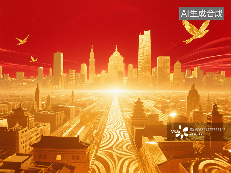 【AI数字艺术】红色背景上的金色城市高楼和飞鸟，场景图，背景图，国庆节，新年，春节，年会，庆典，背景图图片素材