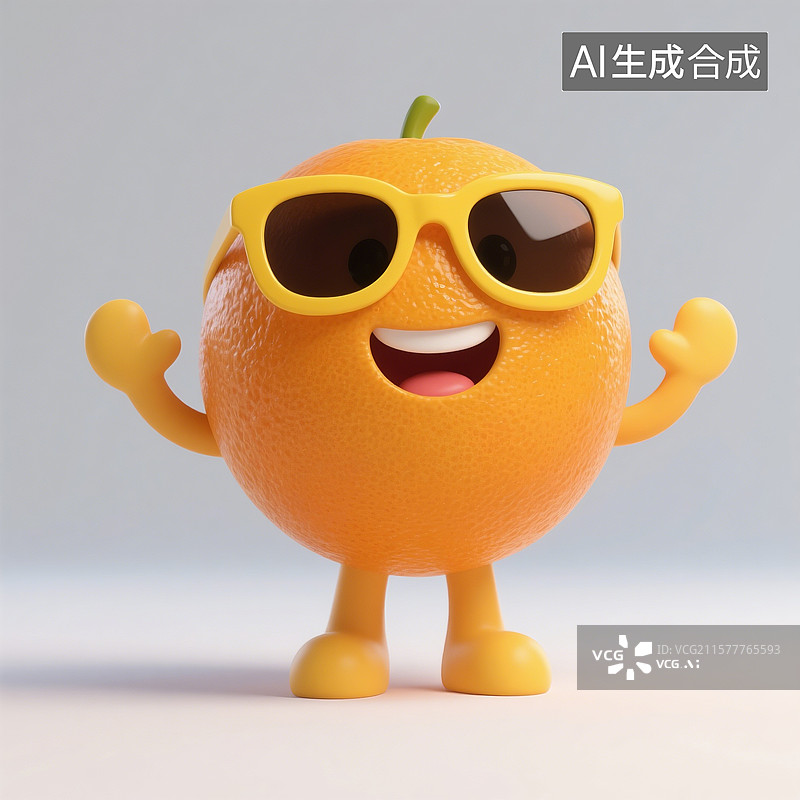 【AI数字艺术】3D渲染，卡通橙子，橘子，夏天戴着墨镜，心想事成，一个新鲜橙子，水果，食材图片素材