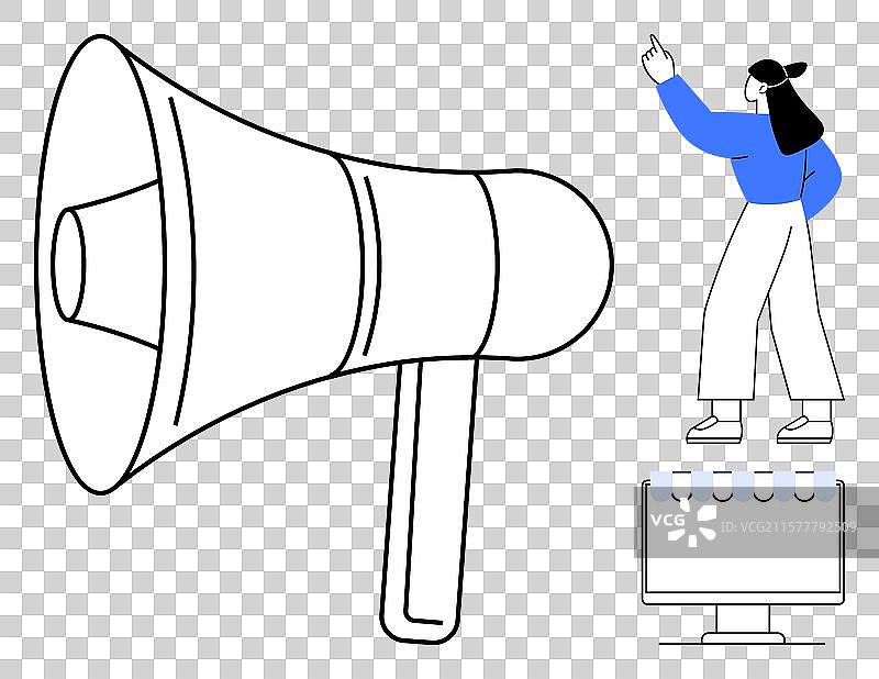 女人在大型扩音器旁指向上方图片素材