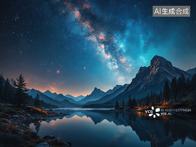 【AI数字艺术】星空湖畔夜景图片素材