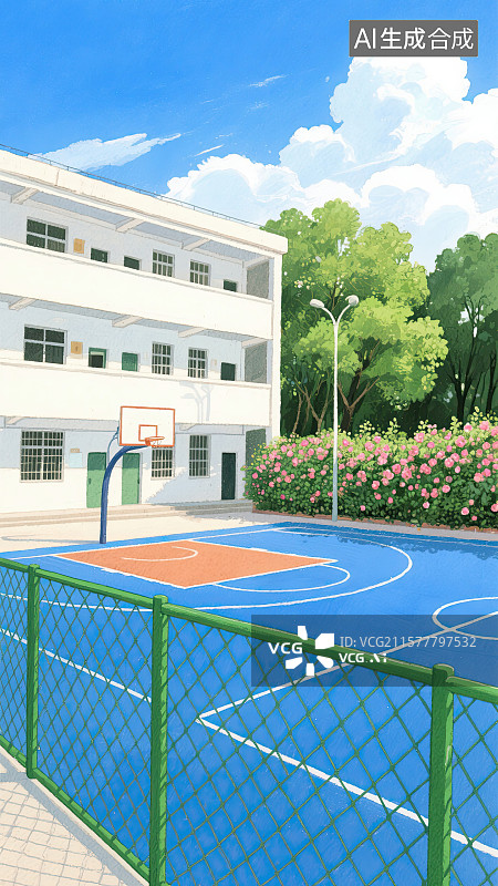【AI数字艺术】2D，水彩画，篮球场，教学楼，插画图片素材