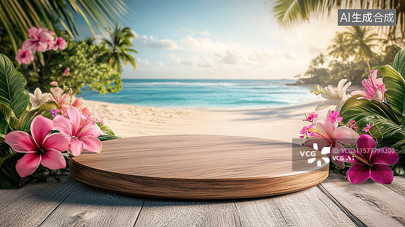 【AI数字艺术】清新风夏日海边的木质圆形产品展台背景图片素材