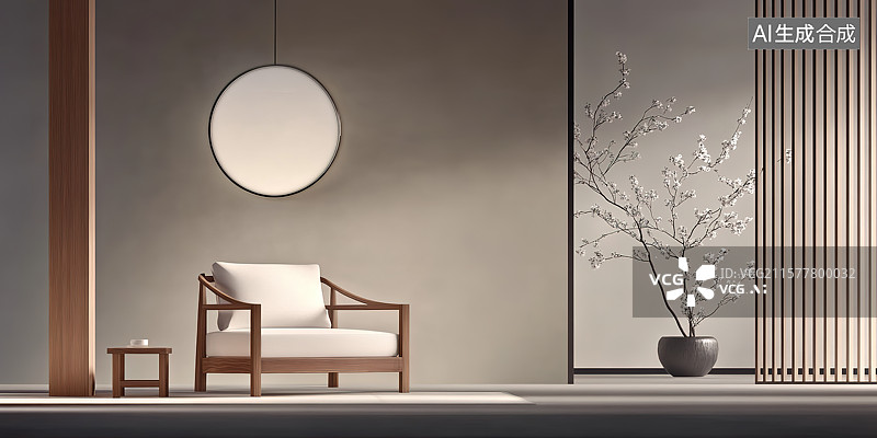 【AI数字艺术】极简新中式风格客厅里的小茶几和休闲椅室内空间图片素材