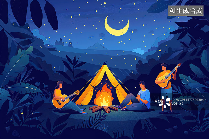 【AI数字艺术】夜晚户外年轻人在篝火旁弹琴聚会露营图片素材