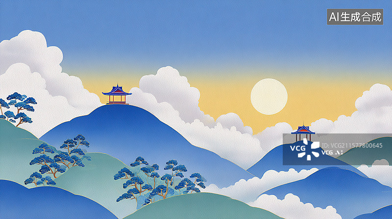 【AI数字艺术】克莱因蓝国风山水凉亭夕阳风景插画图片素材