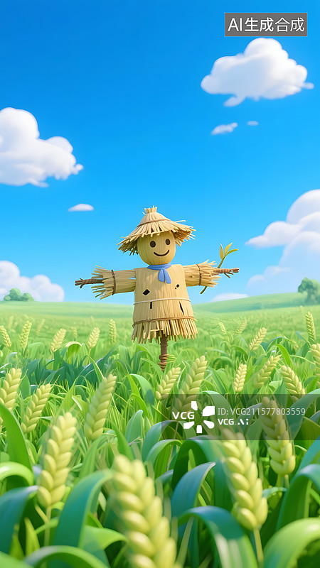 【AI数字艺术】立秋节气的麦田稻草人插画图片素材