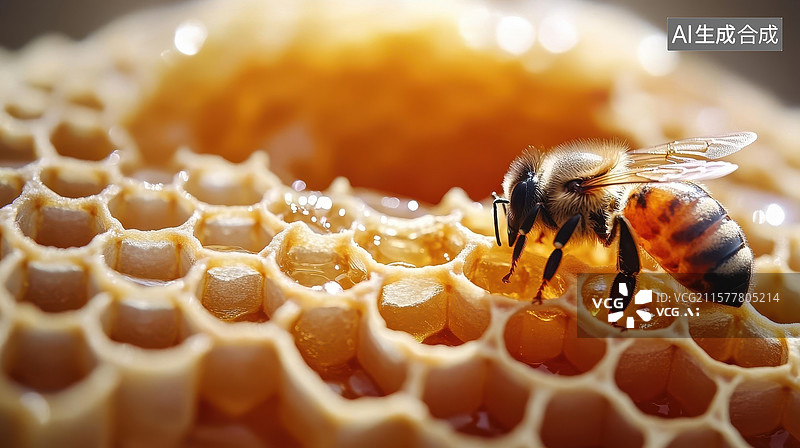 【AI数字艺术】蜜蜂在蜂巢上采集蜂蜜图片素材