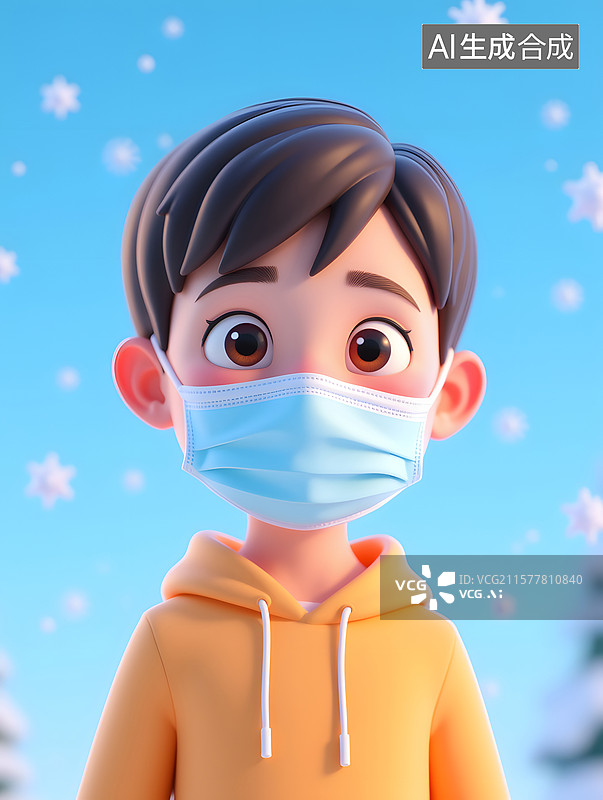 【AI数字艺术】戴着防流感口罩的男孩3D插画图片素材