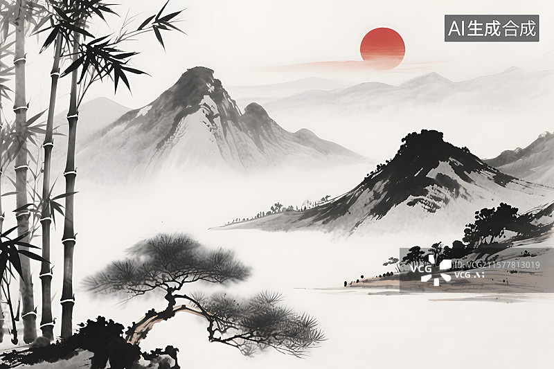 【AI数字艺术】水墨风格的山水竹林红日景观图片素材