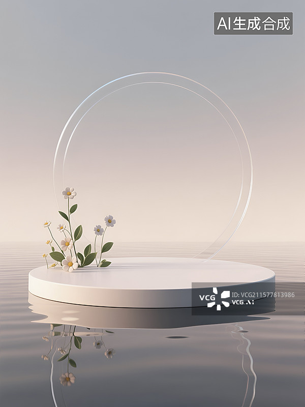 【AI数字艺术】水面上带有花卉装饰的圆形展示台图片素材