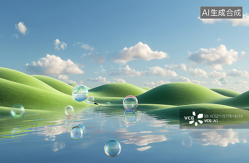 【AI数字艺术】水面上的泡泡与绿色山丘图片素材
