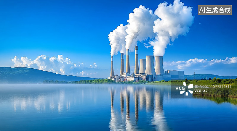 【AI数字艺术】核电站冷却塔与湖面倒影图片素材