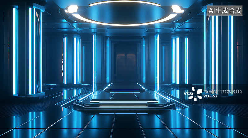 【AI数字艺术】科幻感现代室内：蓝柱与悬浮玻璃平台的极简科技美学图片素材