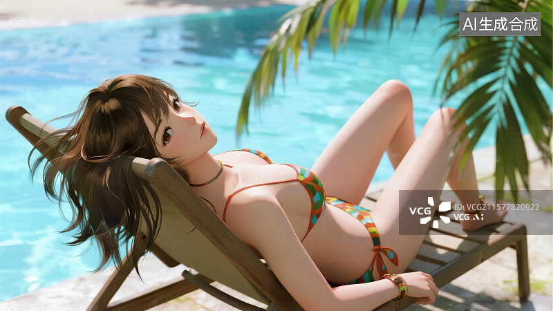 【AI数字艺术】夏日泳池边躺椅晒太阳身材火辣的性感美女图片素材