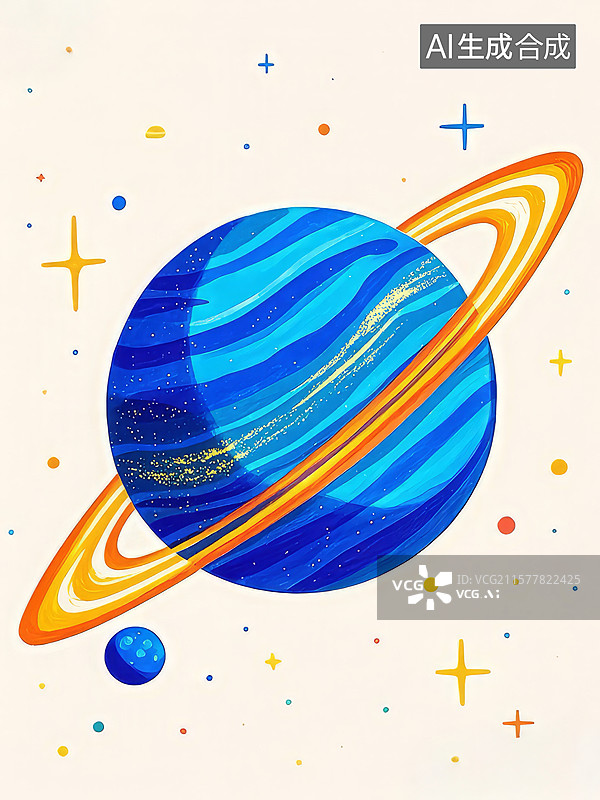 【AI数字艺术】蓝色行星与金色光环的艺术插画图片素材