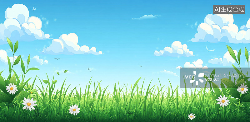 【AI数字艺术】蓝天白云下的草地雏菊插画背景图片素材