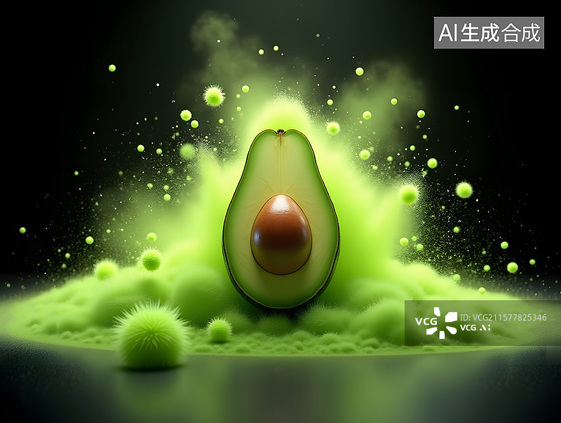 【AI数字艺术】牛油果食物的粉尘飞溅创意背景图片素材