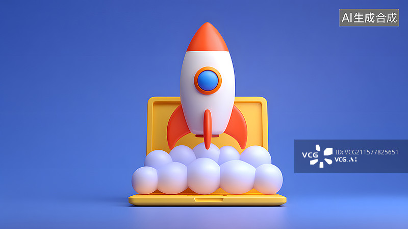 【AI数字艺术】电脑和火箭发射的三维渲染插图图片素材