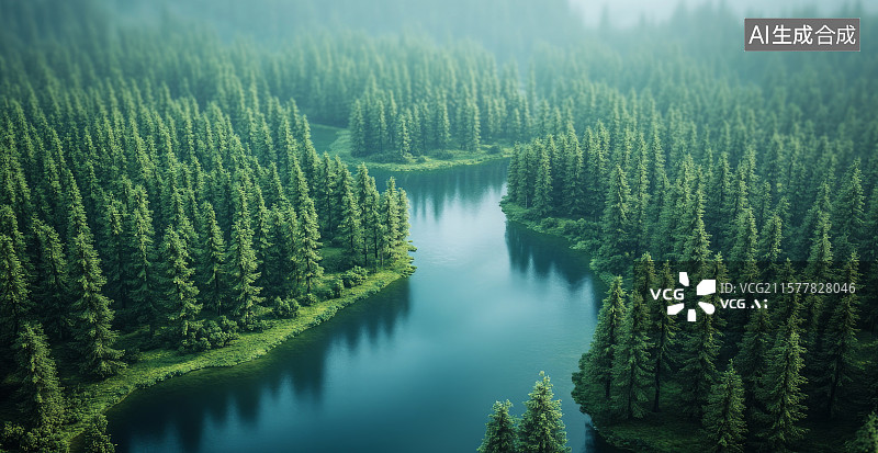 【AI数字艺术】森林湖泊鸟瞰全景图片素材