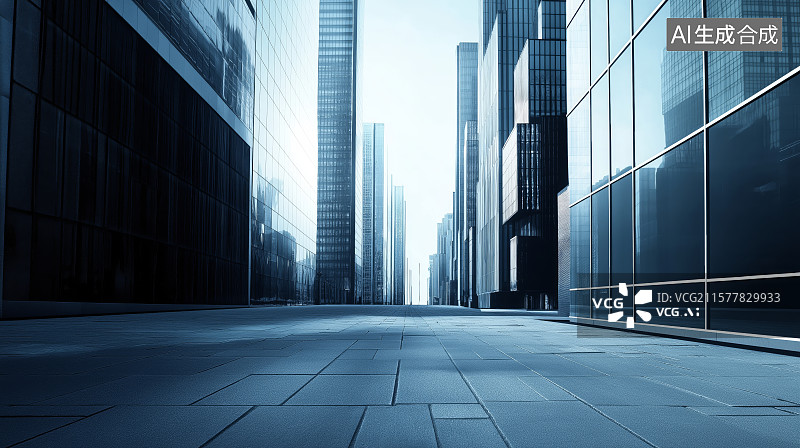 【AI数字艺术】汽车广告背景图-空旷的城市街道，两旁是高耸入云的现代化玻璃幕墙大楼，阳光照射在街道上，营造出一种宁静图片素材