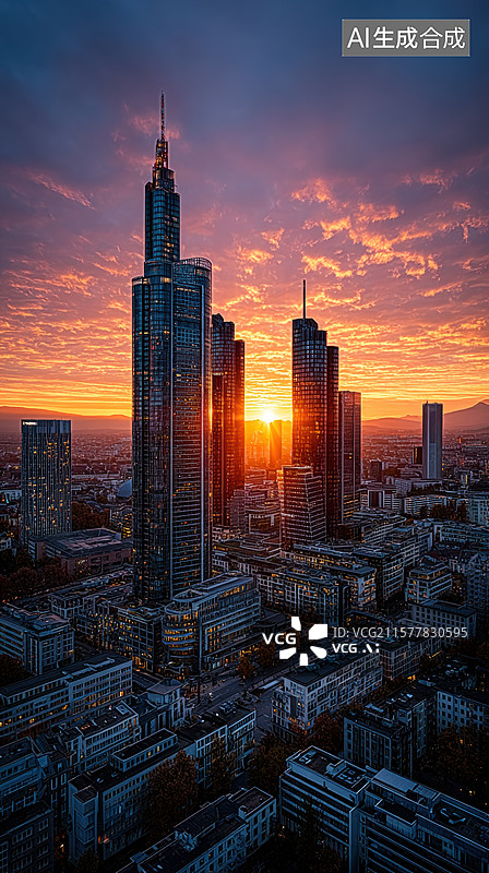 【AI数字艺术】城市天际线在夕阳下的壮丽景象图片素材